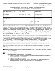 Form CDPH8231 California Radiology Supervisor and Operator Certificate Application (For Radiologists and Radiation Oncologists Only) - California