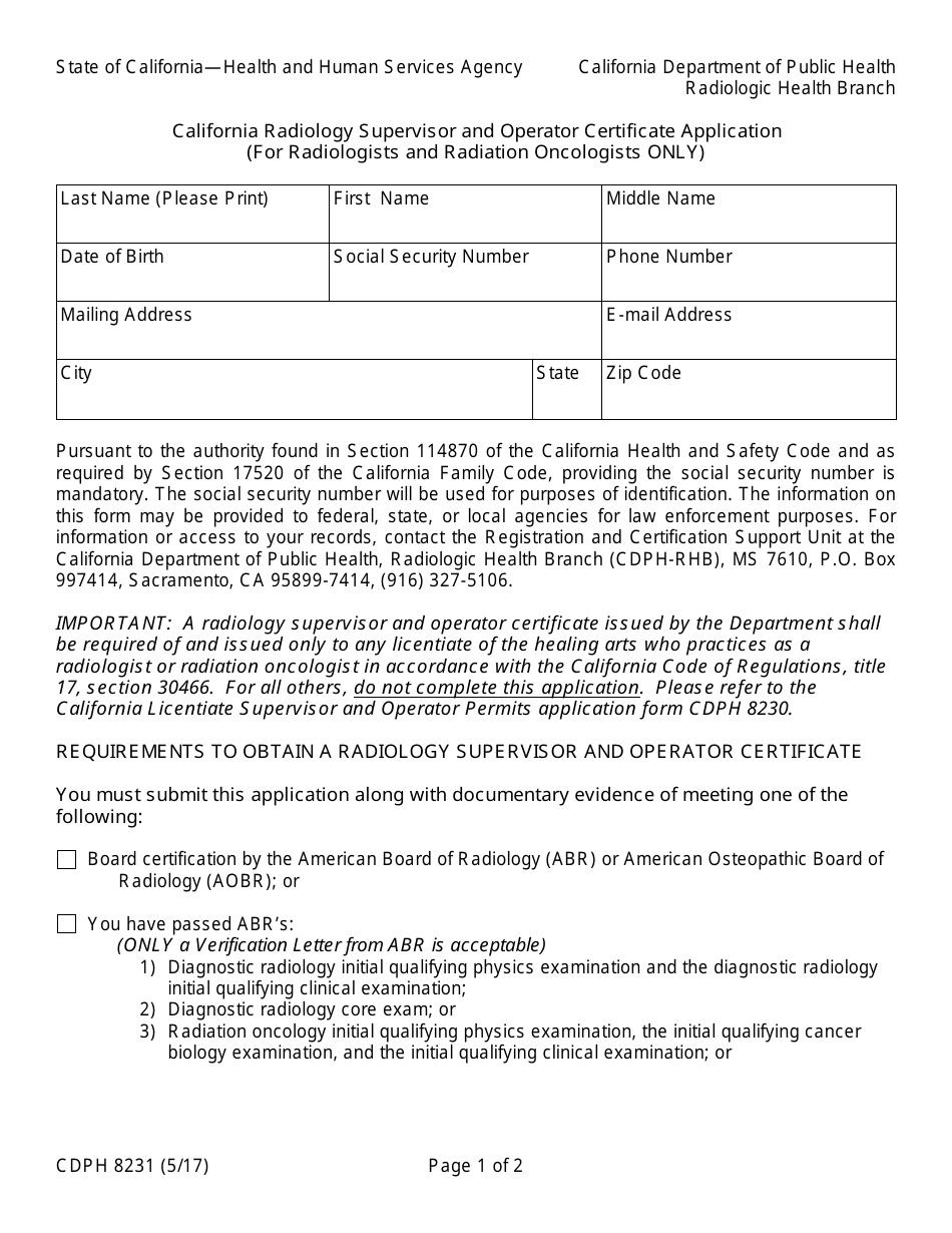 Form CDPH8231 California Radiology Supervisor and Operator Certificate Application (For Radiologists and Radiation Oncologists Only) - California, Page 1