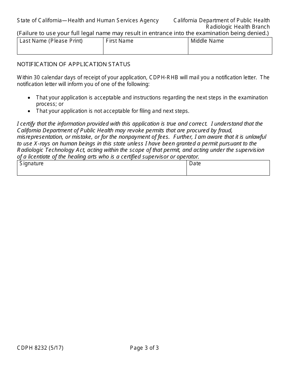 Form CDPH8232 X-Ray Technician Limited Permit Application - California, Page 3