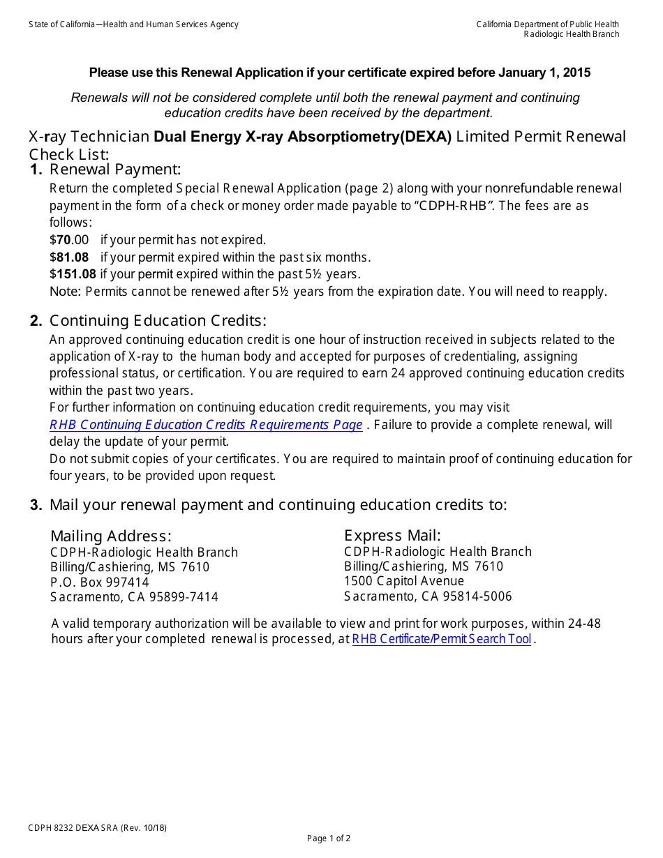 Form CDPH8232 DEXA SRA Special Renewal Application - X-Ray Technician Dual Energy X-Ray Absorptiometry (Dexa) Limited Permit - California, Page 1