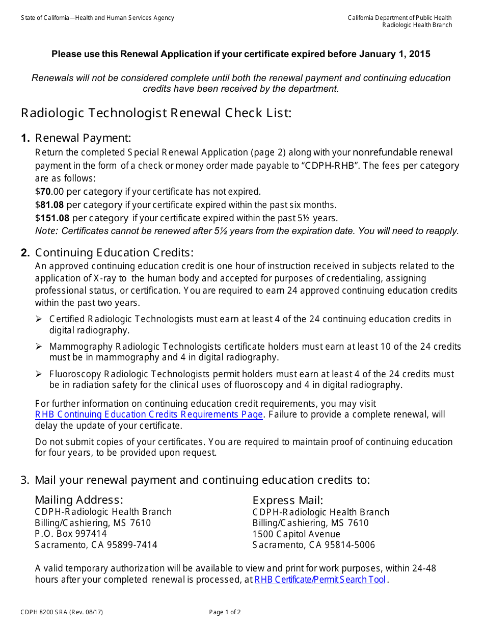 Form CDPH8200 SRA Special Renewal Application - California Radiologic Technologist Certificate - California, Page 1