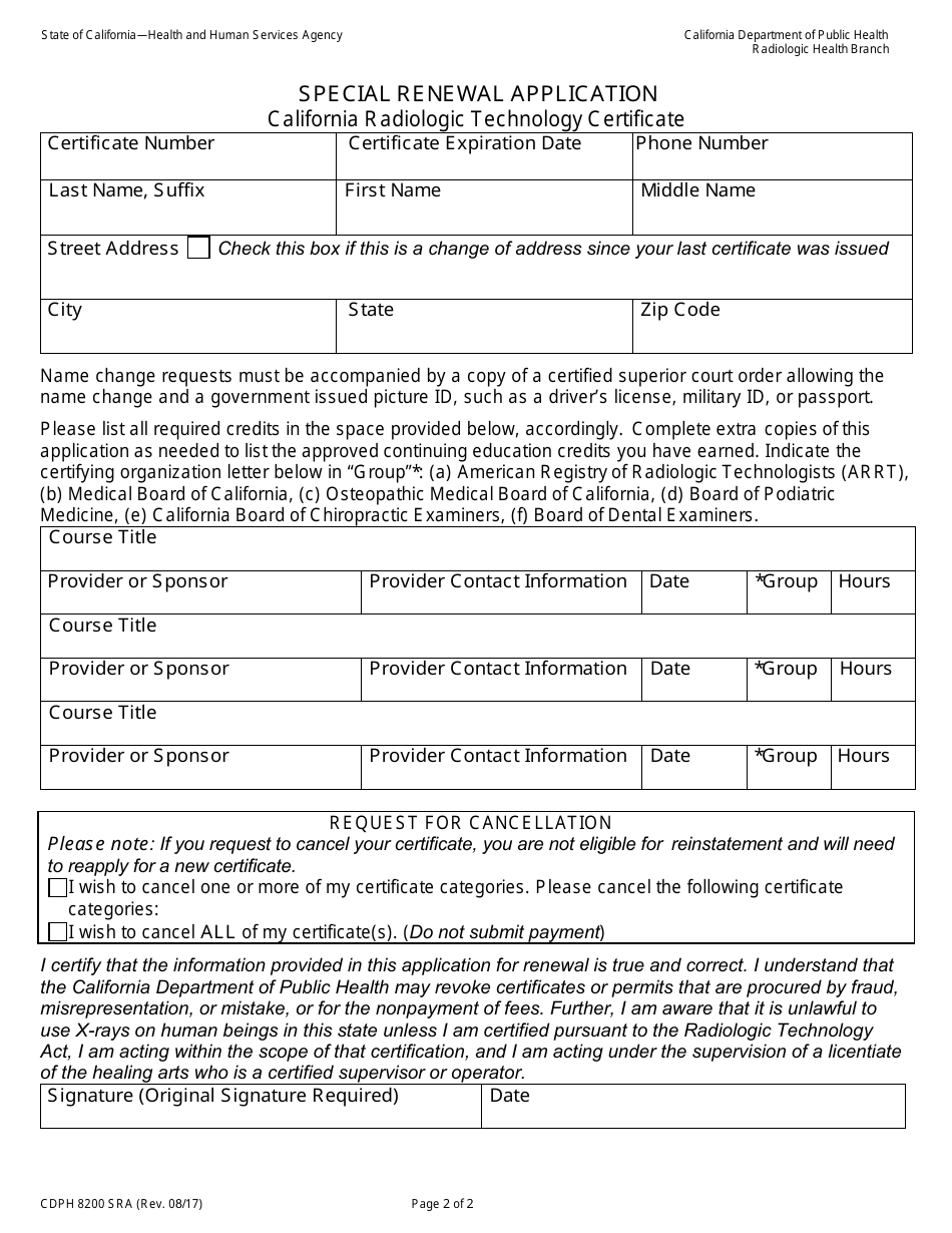 Form CDPH8200 SRA Special Renewal Application - California Radiologic Technologist Certificate - California, Page 2
