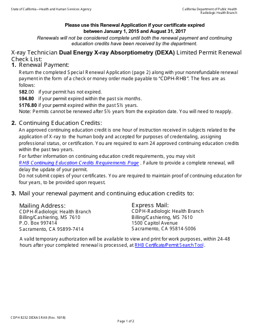 Form CDPH8232 DEXA SRA II Special Renewal Application - X-Ray Technician Dual Energy X-Ray Absorptiometry (Dexa) Limited Permit - California
