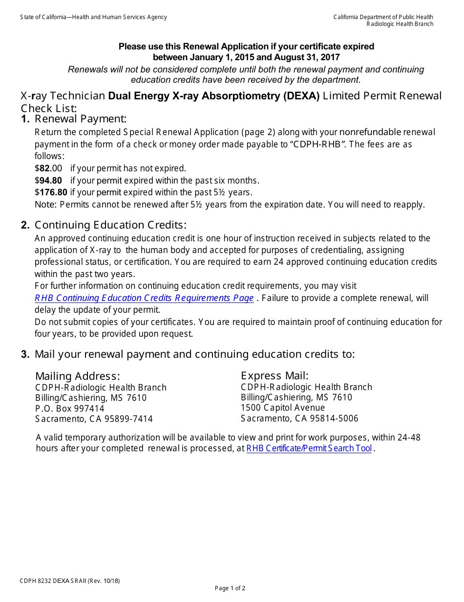 Form CDPH8232 DEXA SRA II Special Renewal Application - X-Ray Technician Dual Energy X-Ray Absorptiometry (Dexa) Limited Permit - California, Page 1