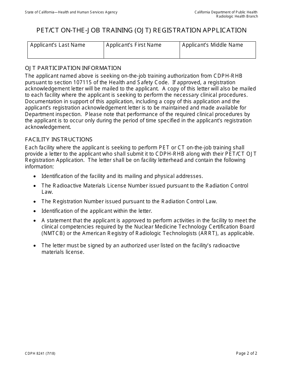 Form CDPH8241 Pet / Ct on-The-Job Training (Ojt) Registration Application - California, Page 2