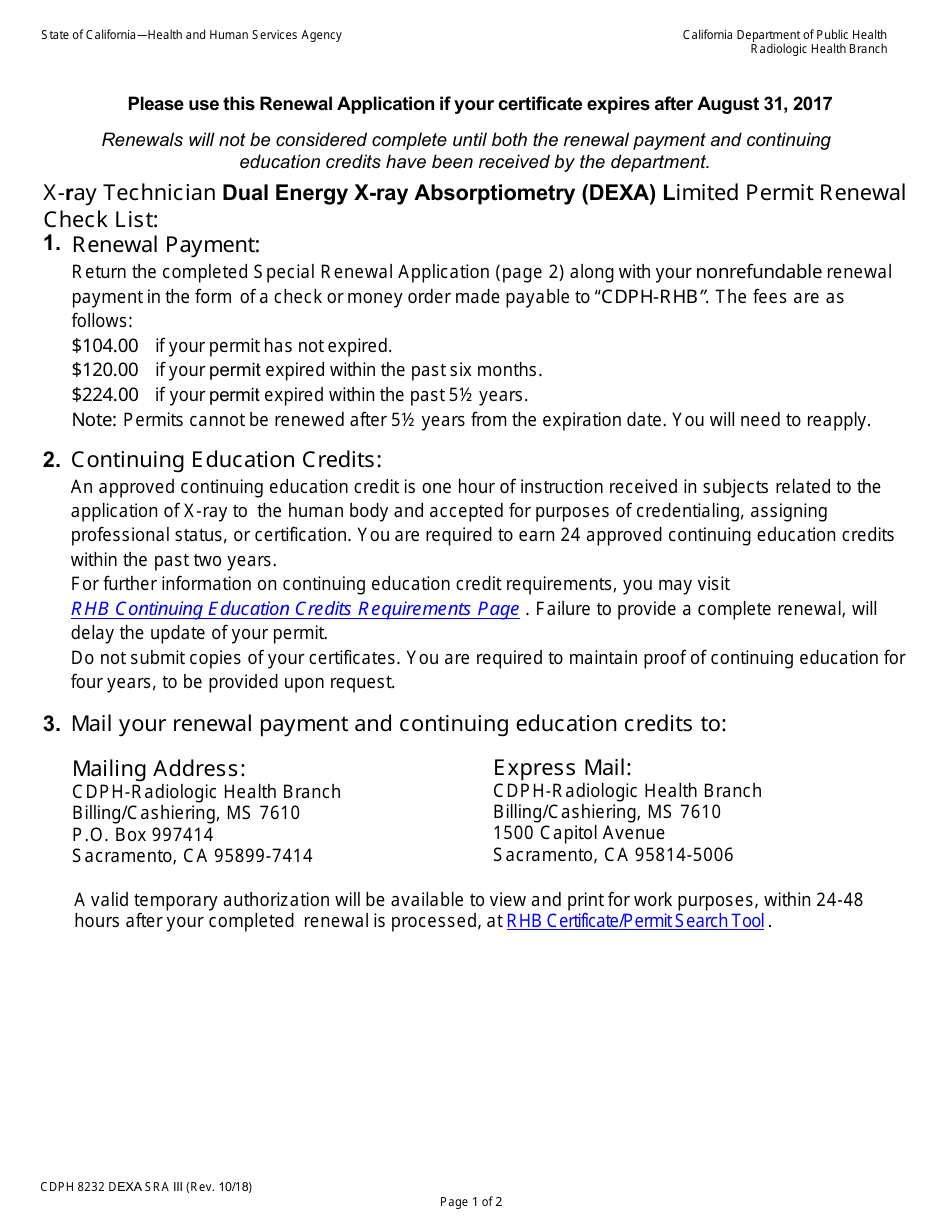Form CDPH8232 DEXA SRA III Special Renewal Application - X-Ray Technician Dual Energy X-Ray Absorptiometry (Dexa) Limited Permit - California, Page 1