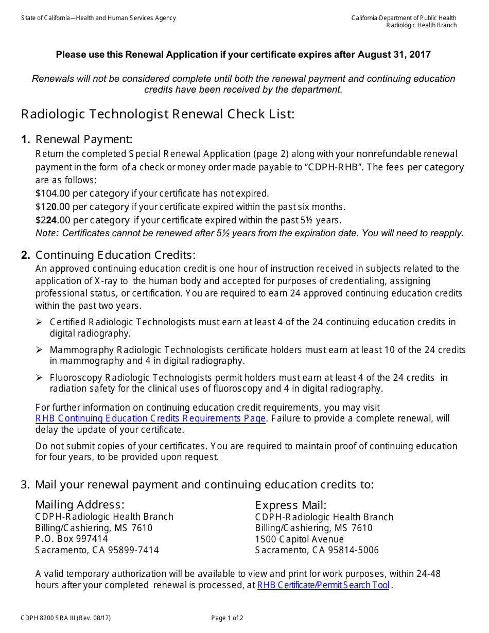Form CDPH8200 SRA III Special Renewal Application - California Radiologic Technology Certificate - California, Page 1