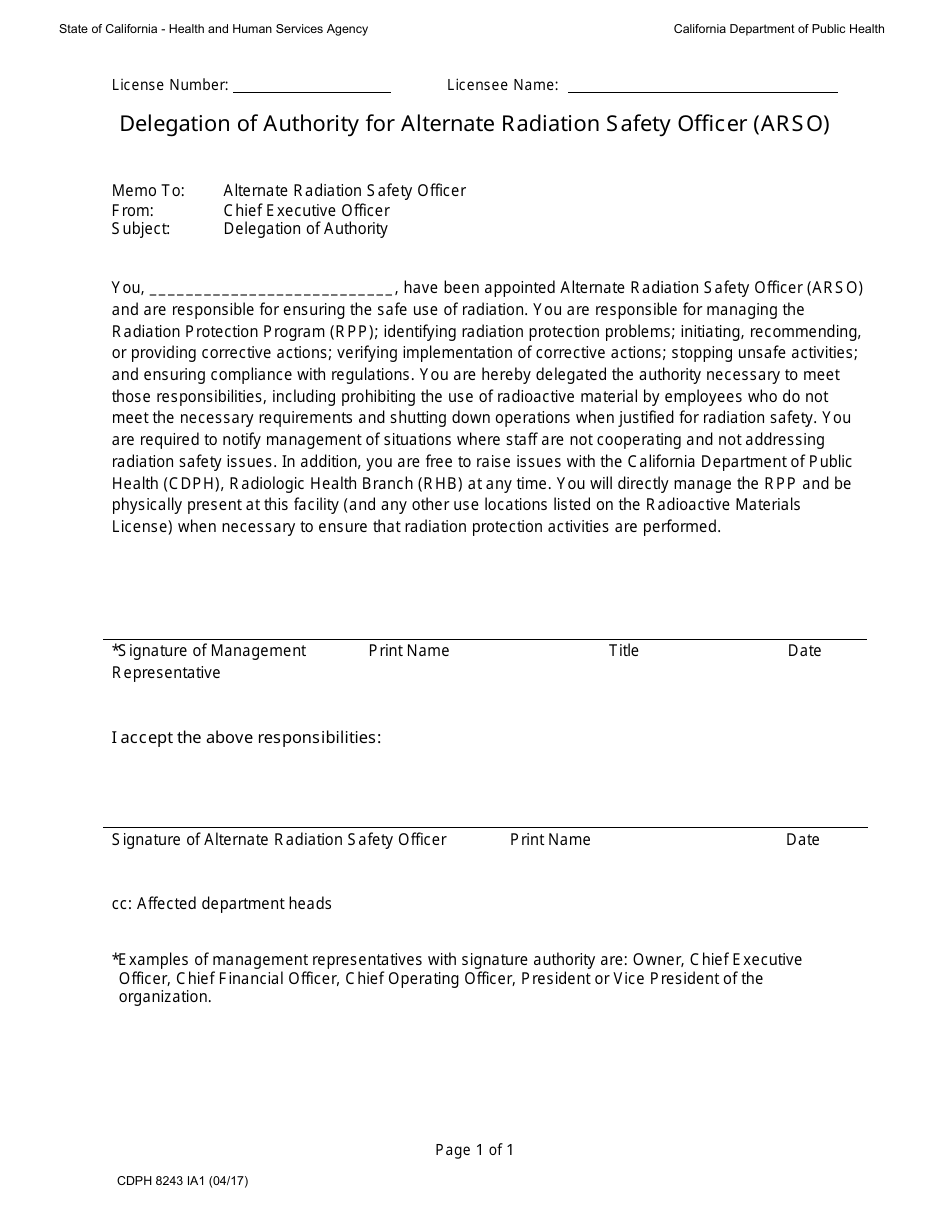 Form CDPH8243 IA1 Delegation of Authority for Alternate Radiation Safety Officer (Arso) - California, Page 1