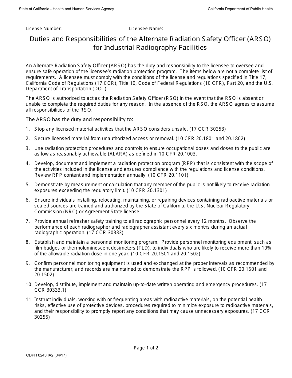 Form CDPH8243 IA2 Duties and Responsibilities of the Alternate Radiation Safety Officer (Arso) for Industrial Radiography Facilities - California, Page 1