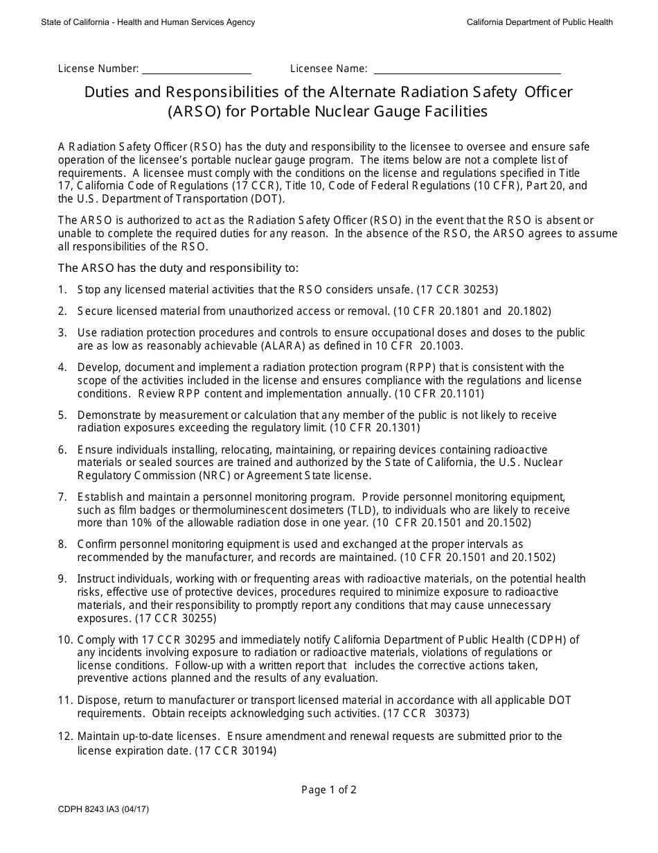 Form CDPH8243 IA3 Duties and Responsibilities of the Alternate Radiation Safety Officer (Arso) for Portable Nuclear Gauge Facilities - California, Page 1