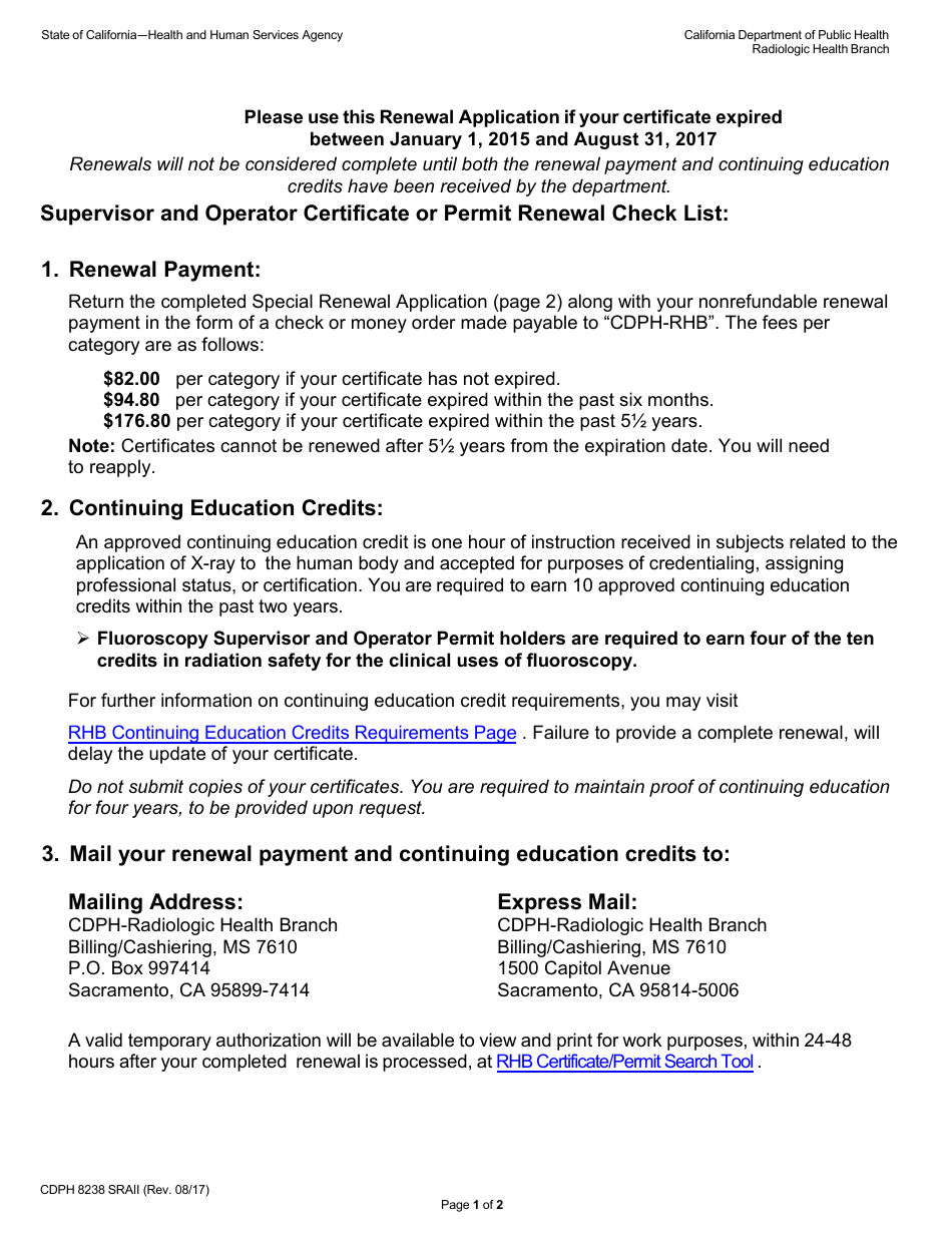 Form CDPH8238 SRA II Special Renewal Application - Supervisor and Operator Certificate or Permit - California, Page 1