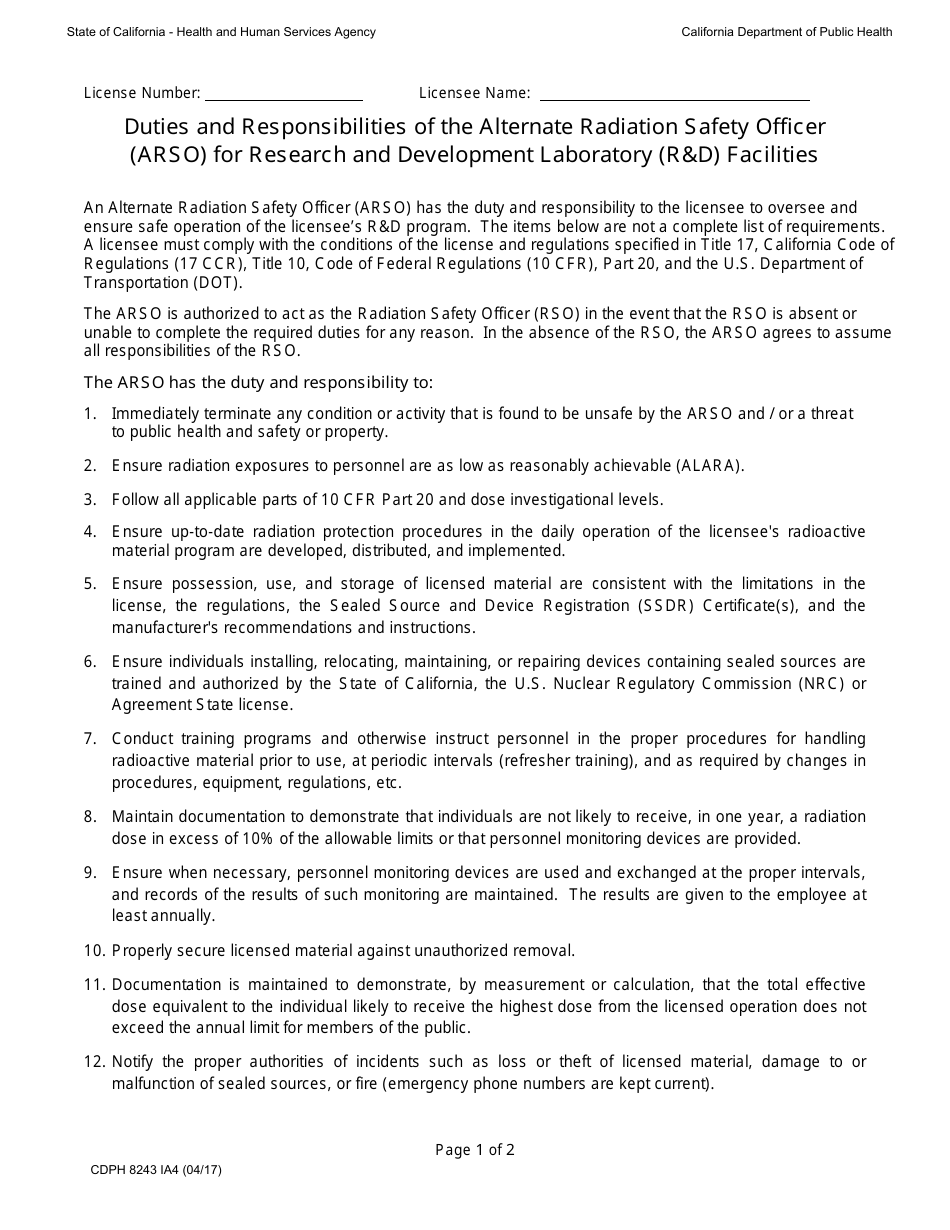 Form CDPH8243 IA4 Duties and Responsibilities of the Alternate Radiation Safety Officer (Arso) for Research and Development Laboratory (Rd) Facilities - California, Page 1