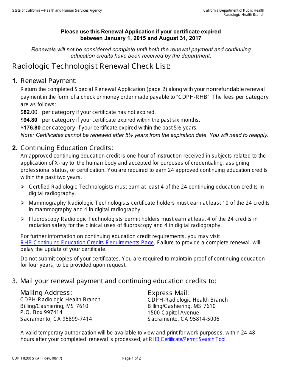 Form CDPH8200 SRA II Special Renewal Application - California Radiologic Technology Certificate - California, Page 1