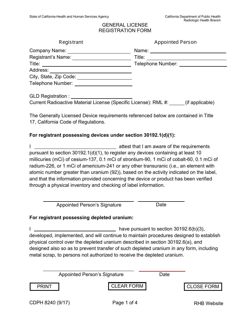 Form CDPH8240 General License Registration Form - California, Page 1