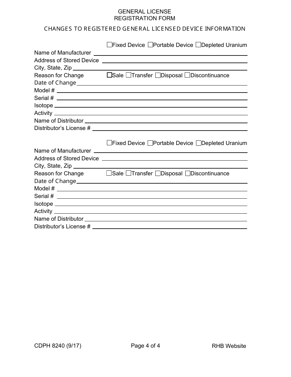 Form CDPH8240 General License Registration Form - California, Page 4