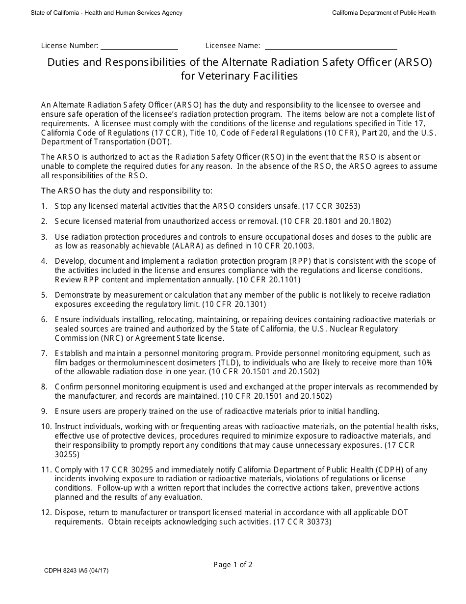 Form CDPH8243 IA5 Duties and Responsibilities of the Alternate Radiation Safety Officer (Arso) for Veterinary Facilities - California, Page 1