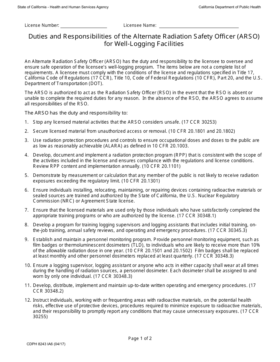 Form CDPH8243 IA6 Duties and Responsibilities of the Alternate Radiation Safety Officer (Arso) for Well-Logging Facilities - California, Page 1
