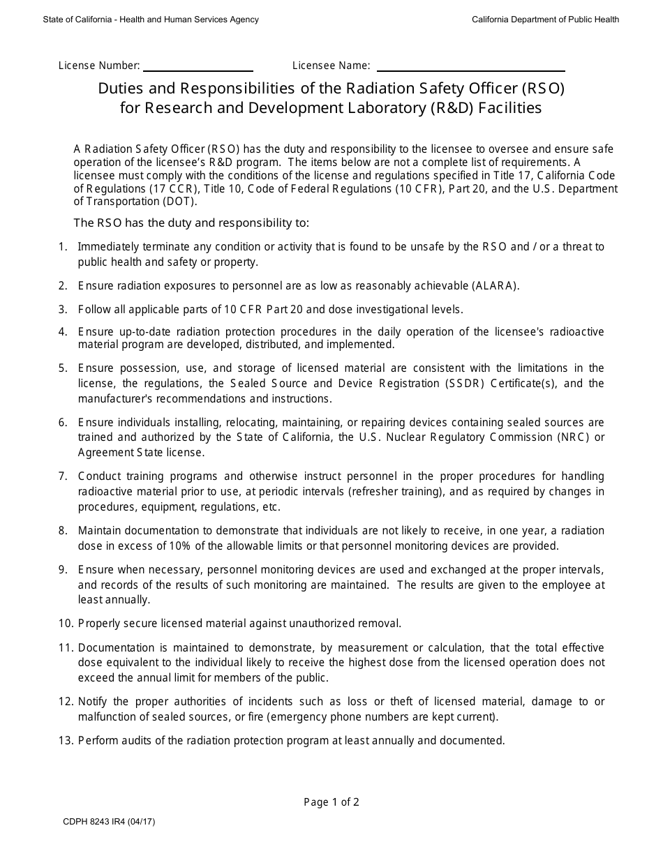 Form CDPH8243 IR4 Duties and Responsibilities of the Radiation Safety Officer (Rso) for Research and Development Lab (Rd) Facilities - California, Page 1