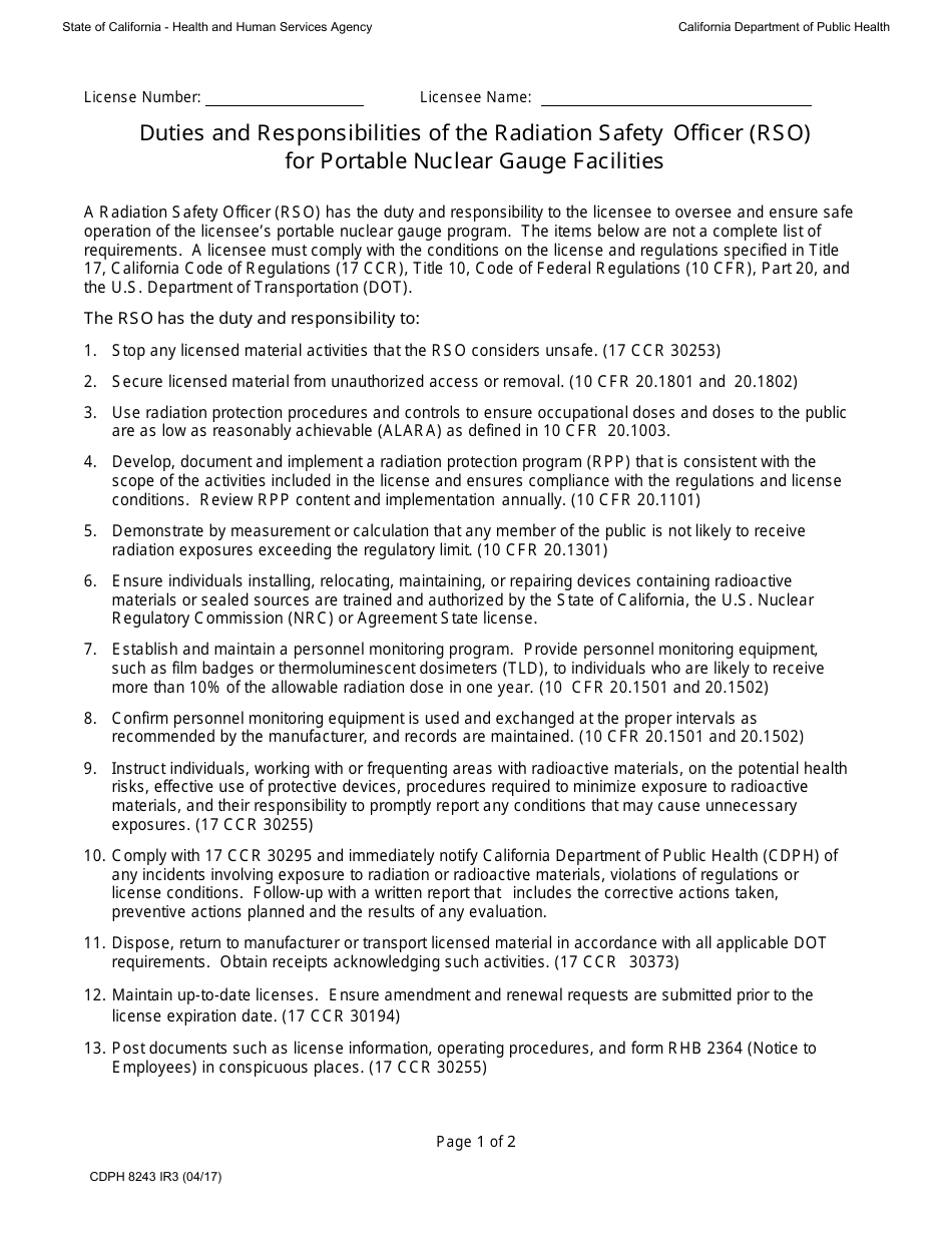 Form CDPH8243 IR3 Duties and Responsibilities of the Radiation Safety Officer (Rso) for Portable Nuclear Gauge Facilities - California, Page 1