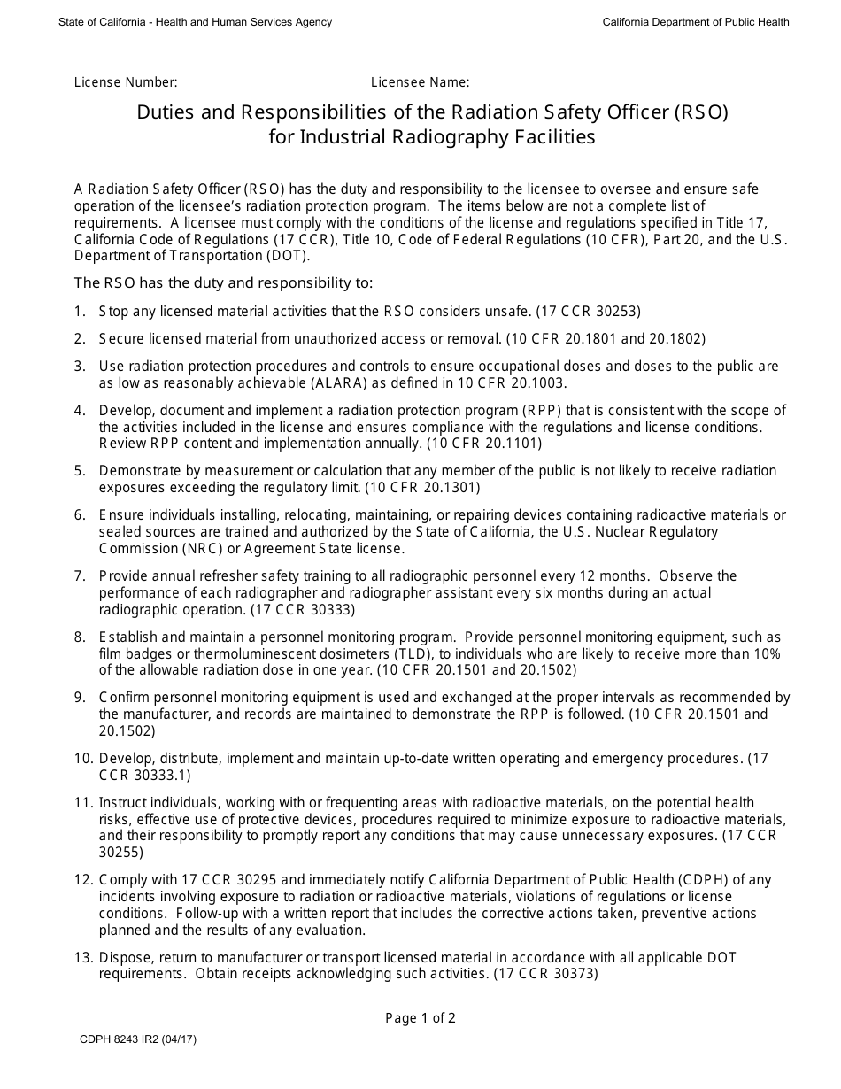 Form CDPH8243 IR2 Duties and Responsibilities of the Radiation Safety Officer (Rso) for Industrial Radiography Facilities - California, Page 1