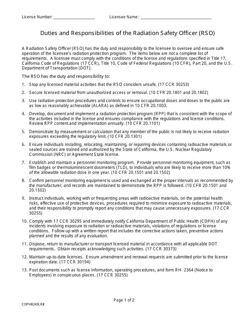 Form CDPH8243 LR2 Duties and Responsibilities of the Radiation Safety Officer (Rso) - California, Page 1