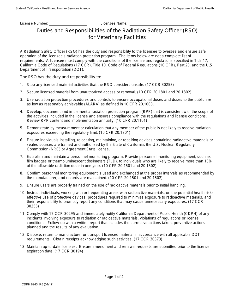 Form CDPH8243 IR5 Duties and Responsibilities of the Radiation Safety Officer (Rso) for Veterinary Facilities - California, Page 1