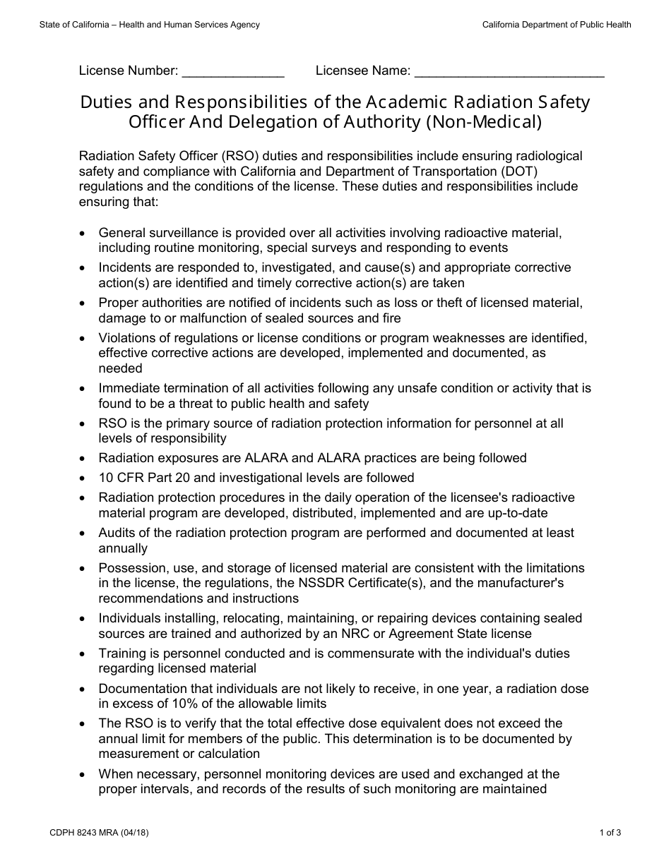 Form CDPH8243 MRA Duties and Responsibilities of the Academic Radiation Safety Officer and Delegation of Authority (Non-medical) - California, Page 1