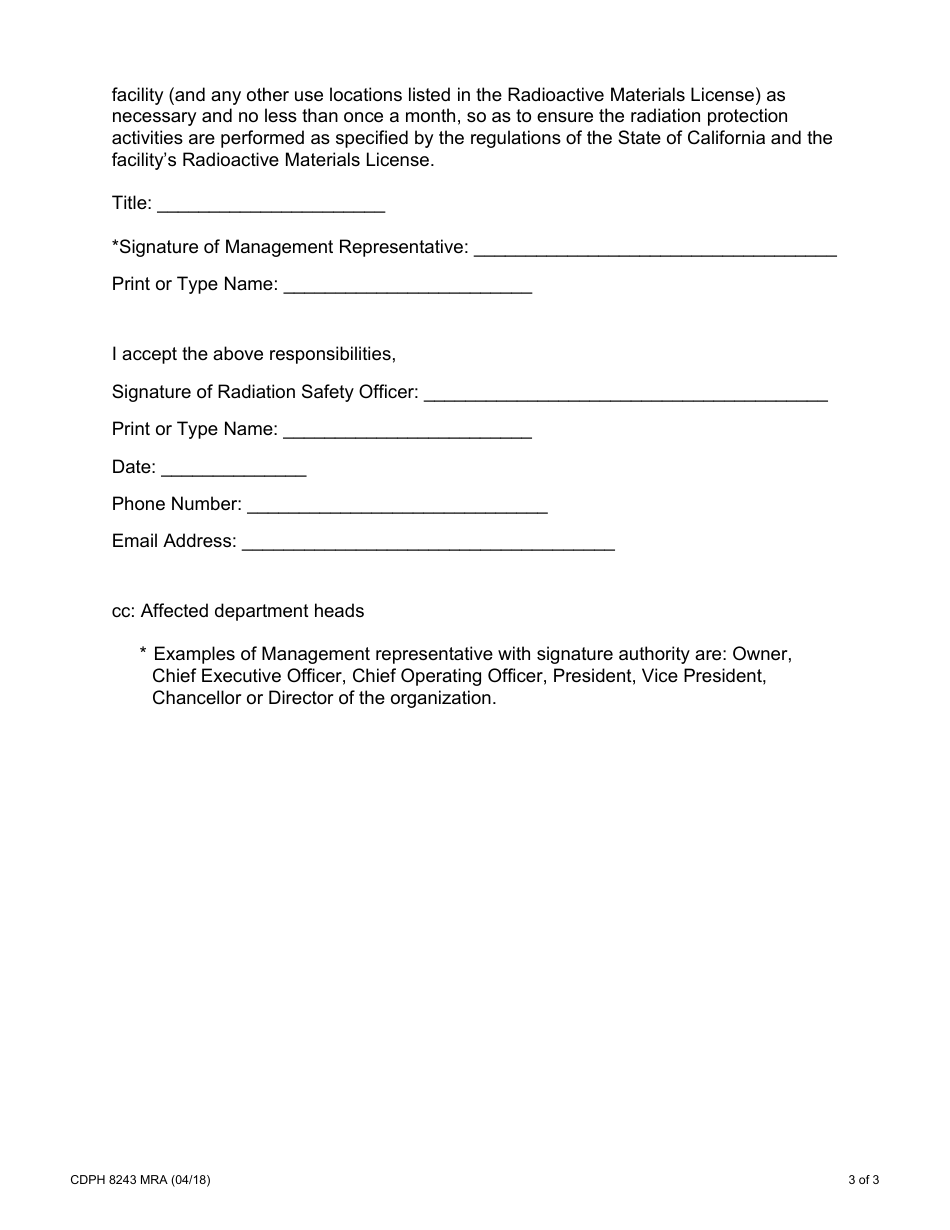 Form CDPH8243 MRA Duties and Responsibilities of the Academic Radiation Safety Officer and Delegation of Authority (Non-medical) - California, Page 3