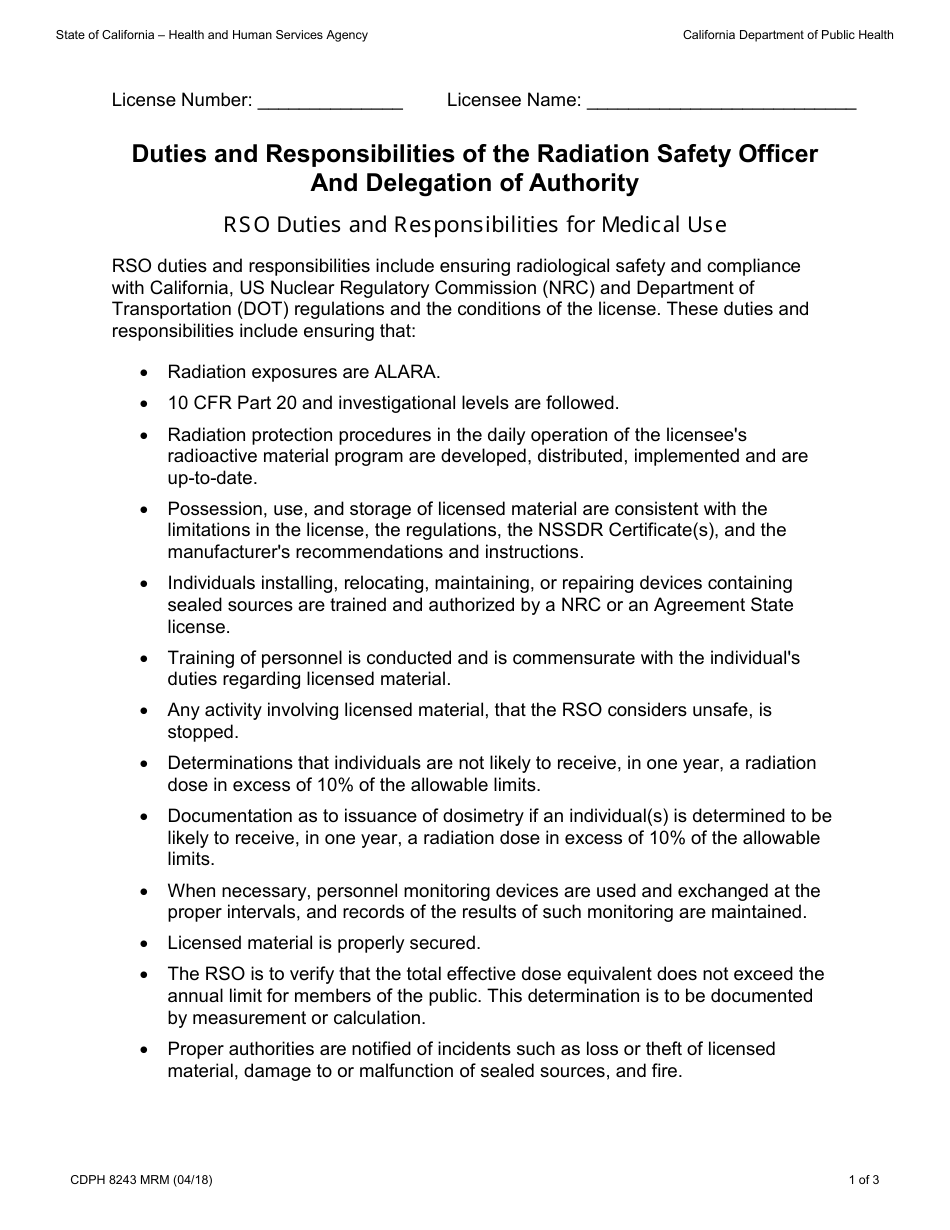 Form CDPH8243 MRM Duties and Responsibilities of the Radiation Safety Officer and Delegation of Authority - California, Page 1