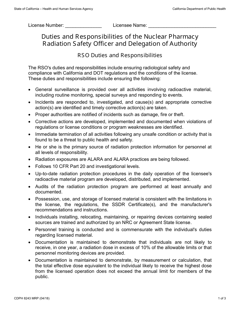 Form CDPH8243 MRP Duties and Responsibilities of the Nuclear Pharmacy Radiation Safety Officer and Delegation of Authority - California, Page 1