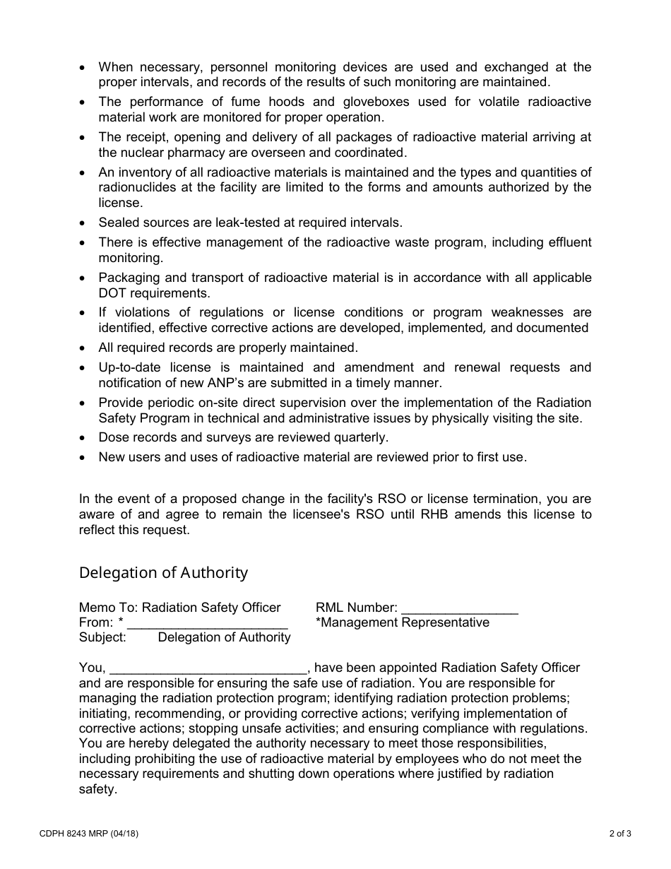 Form CDPH8243 MRP Duties and Responsibilities of the Nuclear Pharmacy Radiation Safety Officer and Delegation of Authority - California, Page 2
