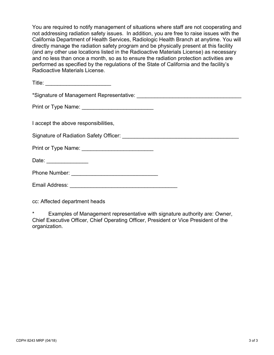 Form CDPH8243 MRP Duties and Responsibilities of the Nuclear Pharmacy Radiation Safety Officer and Delegation of Authority - California, Page 3