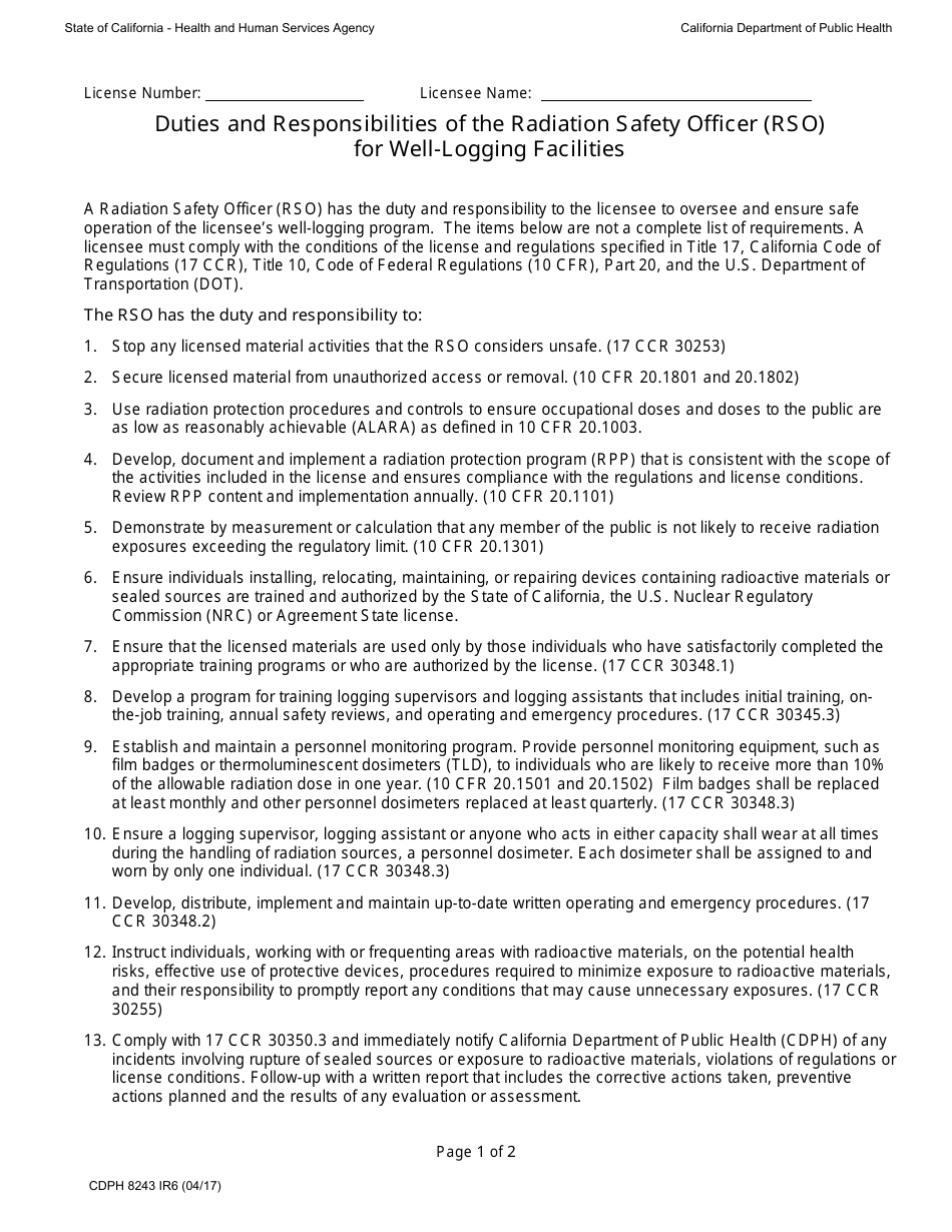 Form CDPH8243 IR6 Duties and Responsibilities of the Radiation Safety Officer (Rso) for Well-Logging Facilities - California, Page 1