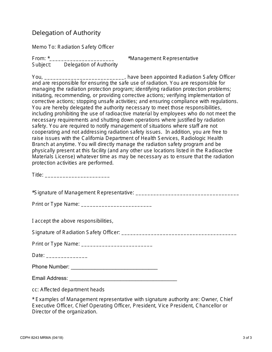 Form CDPH8243 MRMA Duties and Responsibilities of the Radiation Safety Officer (Medical and Academic) and Delegation of Authority - California, Page 3