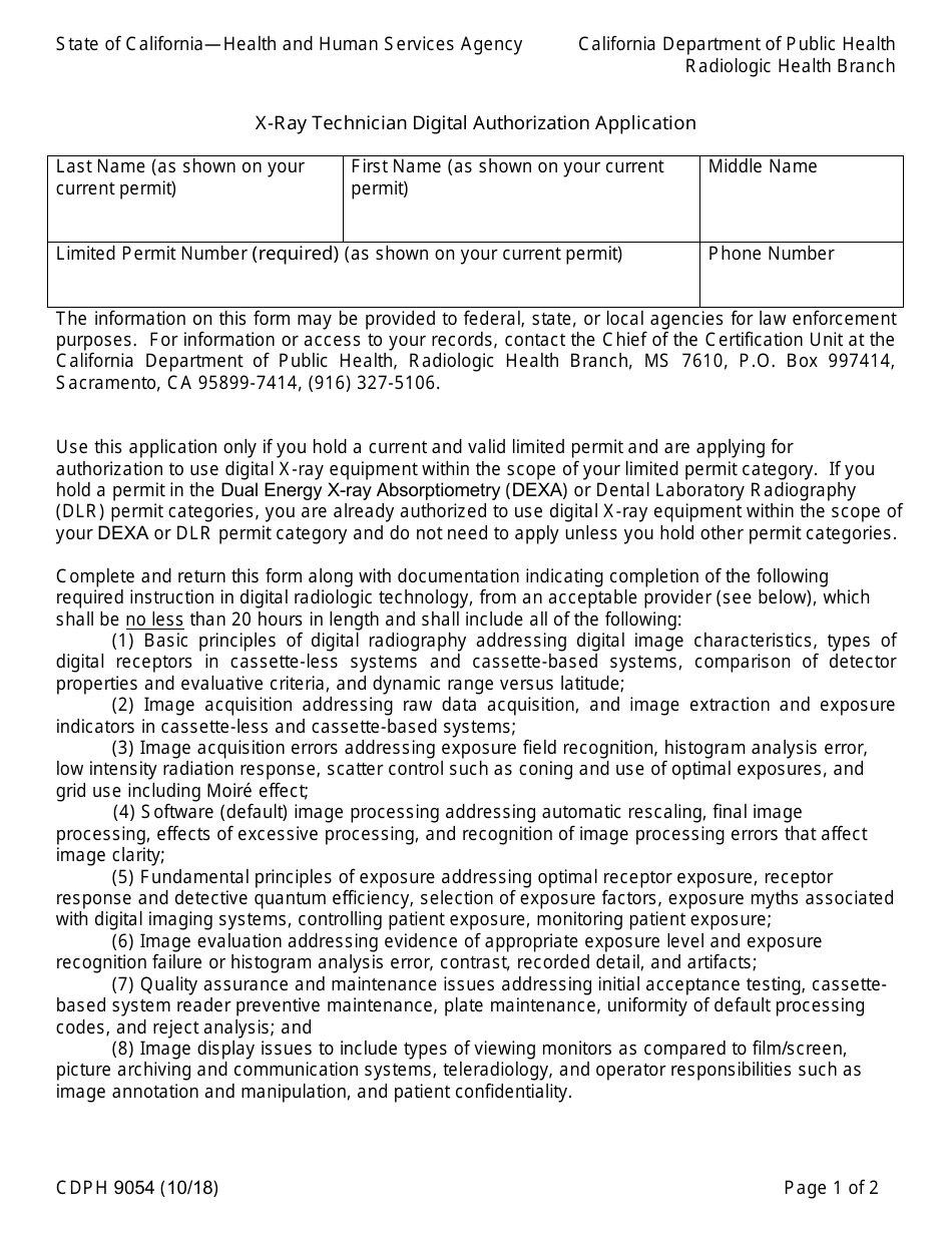 Form CDPH9054 X-Ray Technician Digital Authorization Application - California, Page 1
