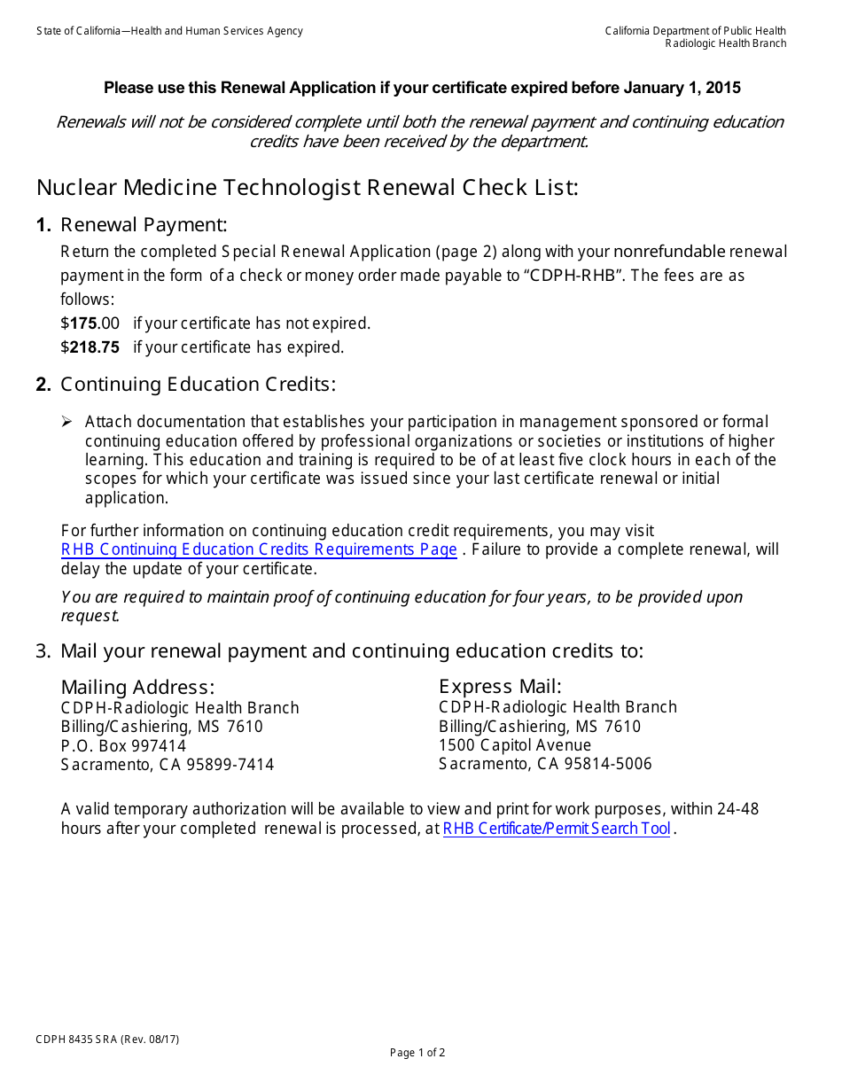 Form CDPH8435 SRA Special Renewal Application - California Nuclear Medicine Technology Certificate - California, Page 1