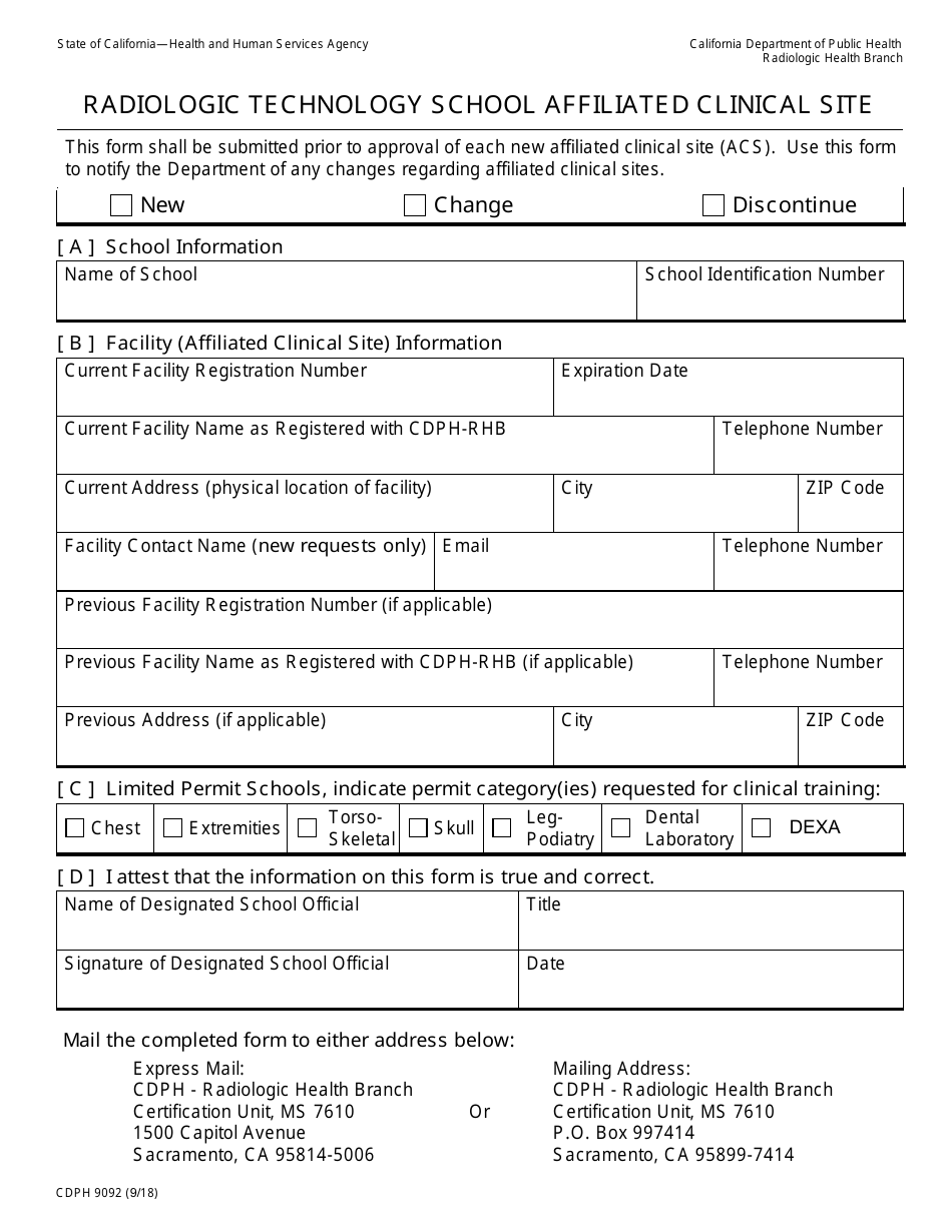 Form CDPH9092 Radiologic Technology School Affiliated Clinical Site - California, Page 1