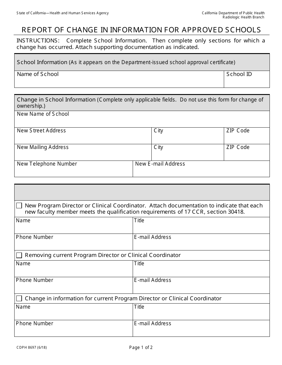 Form CDPH8697 Report of Change in Information for Approved Schools - California, Page 1