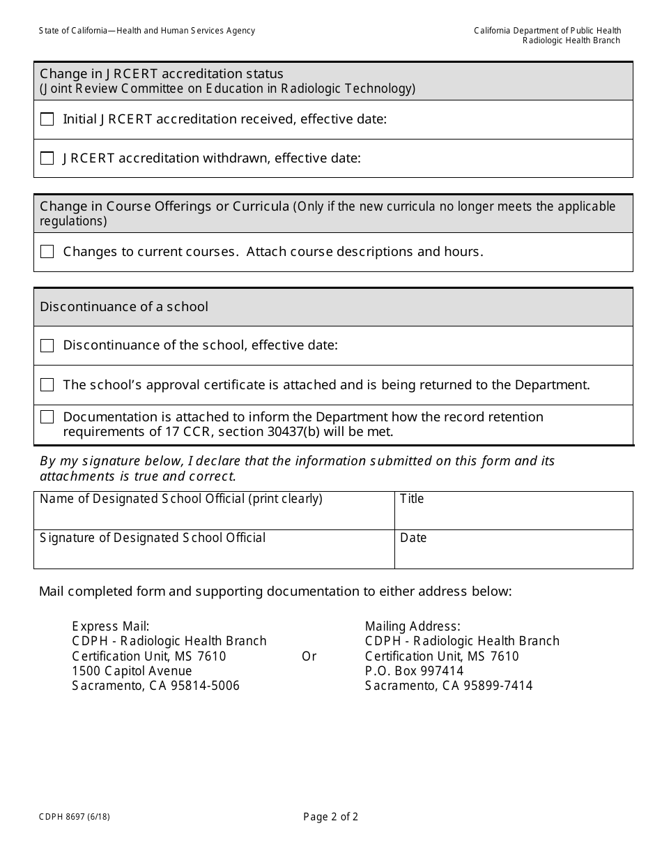 Form CDPH8697 Report of Change in Information for Approved Schools - California, Page 2