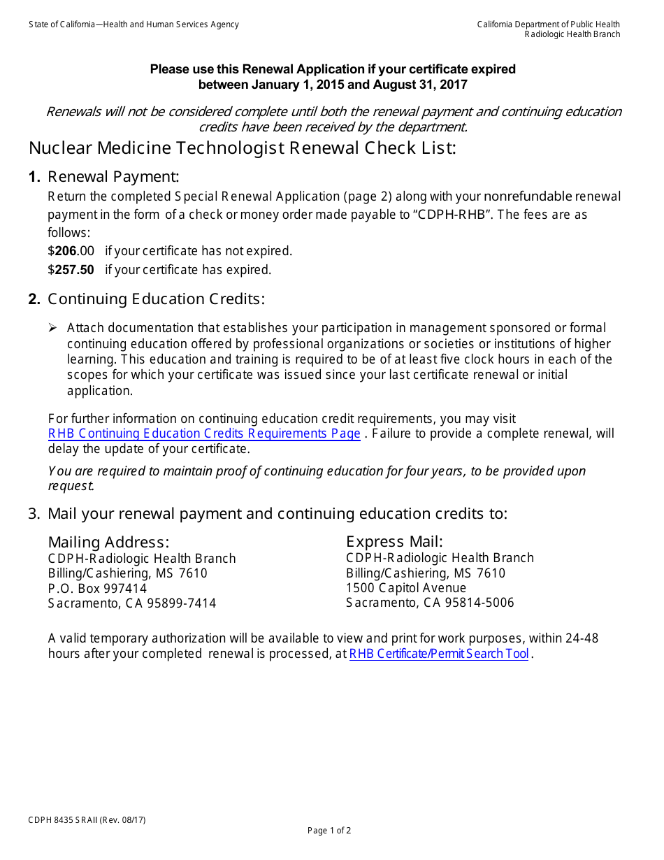 Form CDPH8435 SRA II Special Renewal Application - California Nuclear Medicine Technology Certificate - California, Page 1