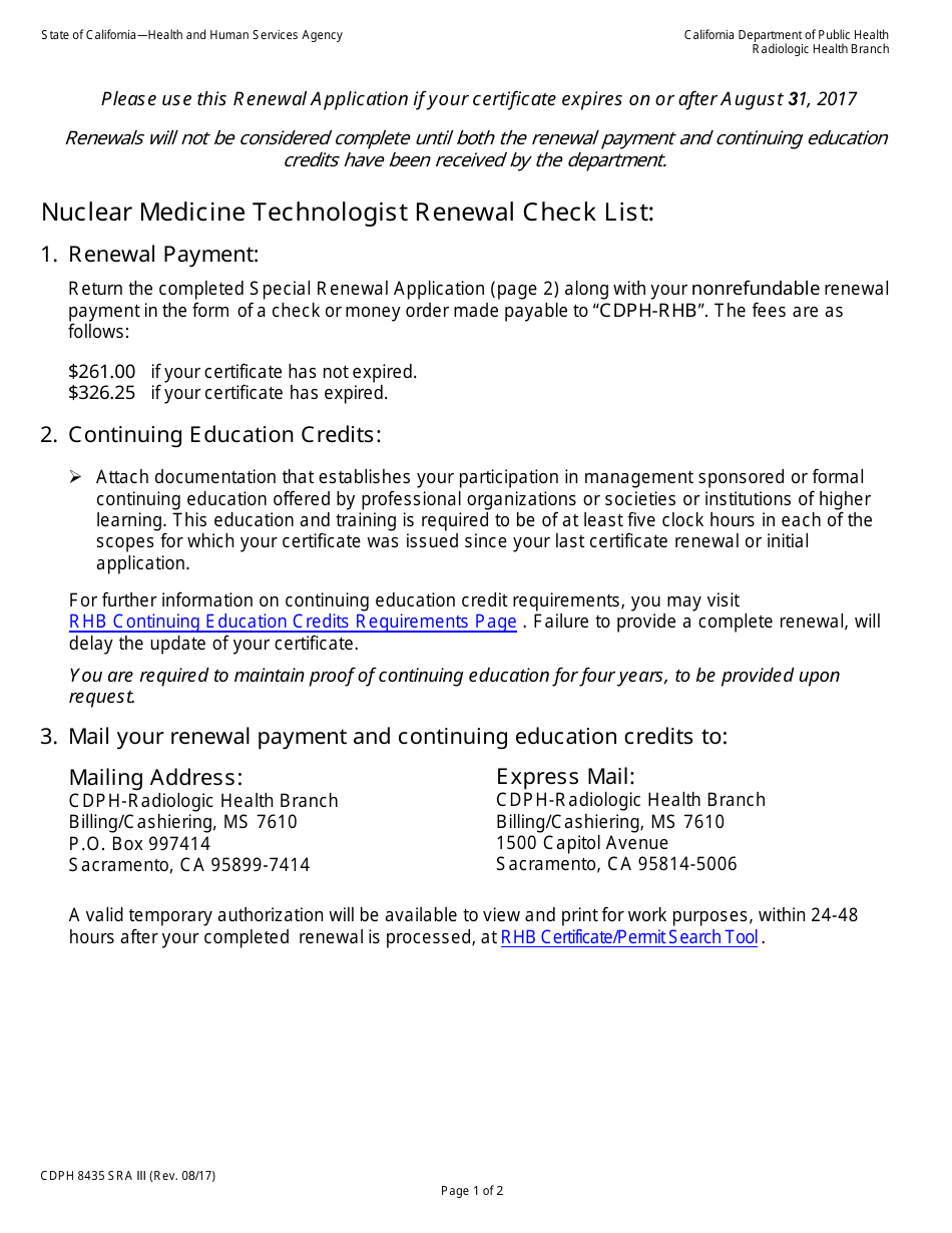 Form CDPH8435 SRA III Special Renewal Application - California Nuclear Medicine Technology Certificate - California, Page 1