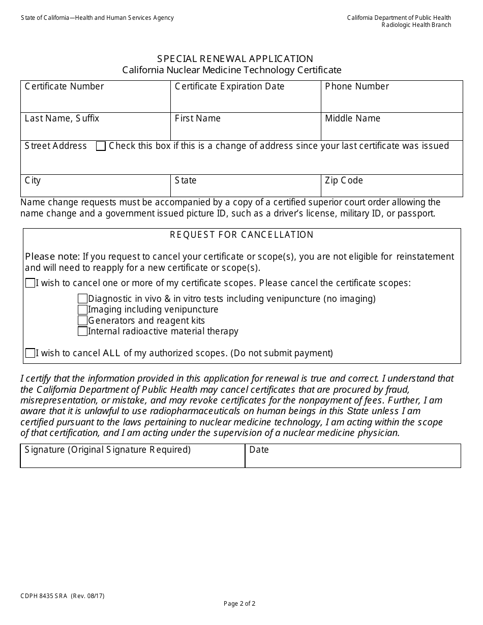 Form CDPH8435 SRA III Special Renewal Application - California Nuclear Medicine Technology Certificate - California, Page 2