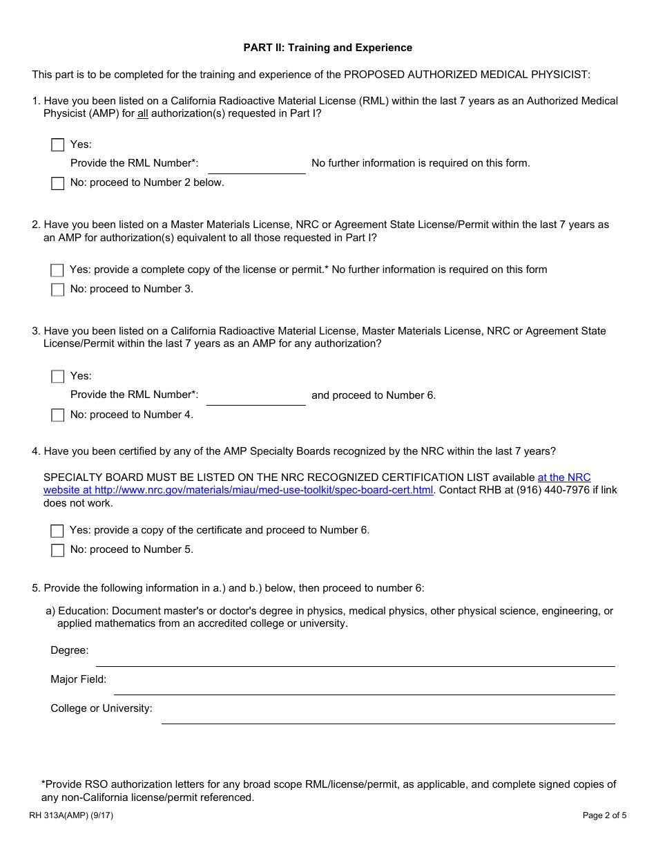 Form RH313A(AMP) Radioactive Materials Authorized Medical Physicist Training and Experience and Preceptor Attestation - California, Page 2