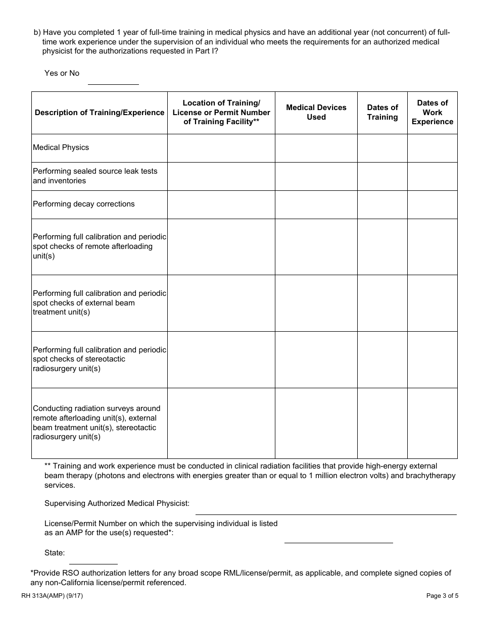 Form RH313A(AMP) Radioactive Materials Authorized Medical Physicist Training and Experience and Preceptor Attestation - California, Page 3