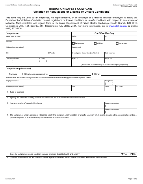 Form RH1027 Radiation Safety Complaint (Violation of Regulations or License or Unsafe Conditions) - California