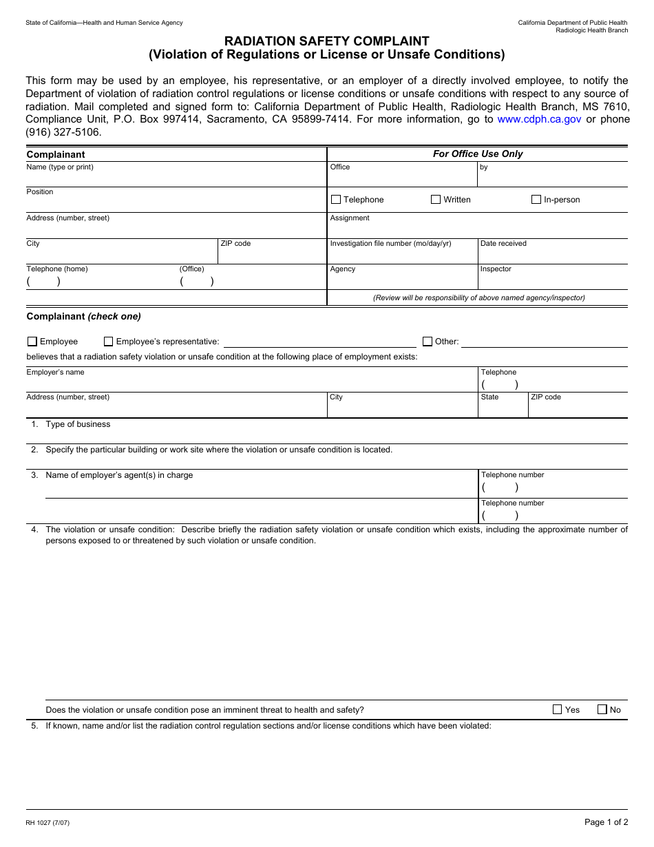 Form RH1027 - Fill Out, Sign Online and Download Fillable PDF ...