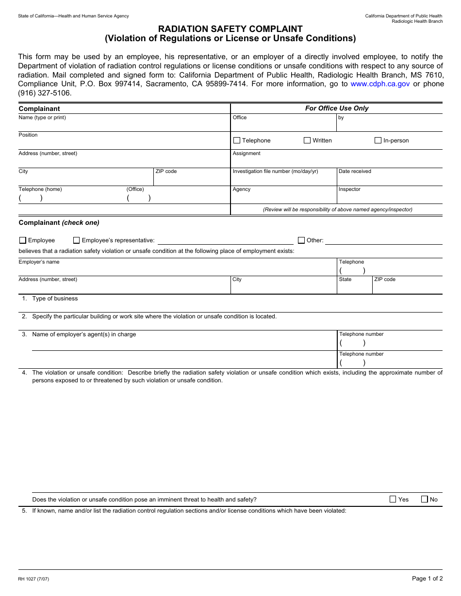 Form RH1027 Radiation Safety Complaint (Violation of Regulations or License or Unsafe Conditions) - California, Page 1