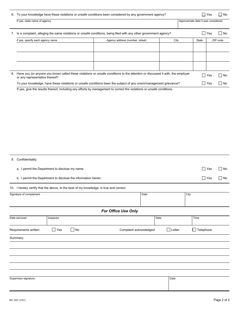 Form RH1027 Radiation Safety Complaint (Violation of Regulations or License or Unsafe Conditions) - California, Page 2