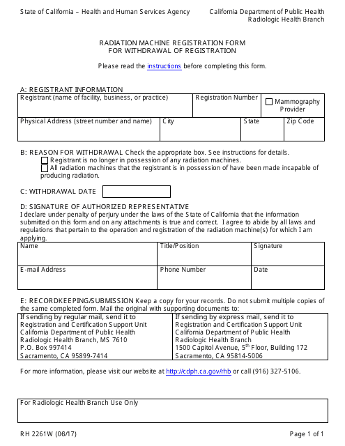 Form RH2261W Radiation Machine Registration Form for Withdrawal of Registration - California