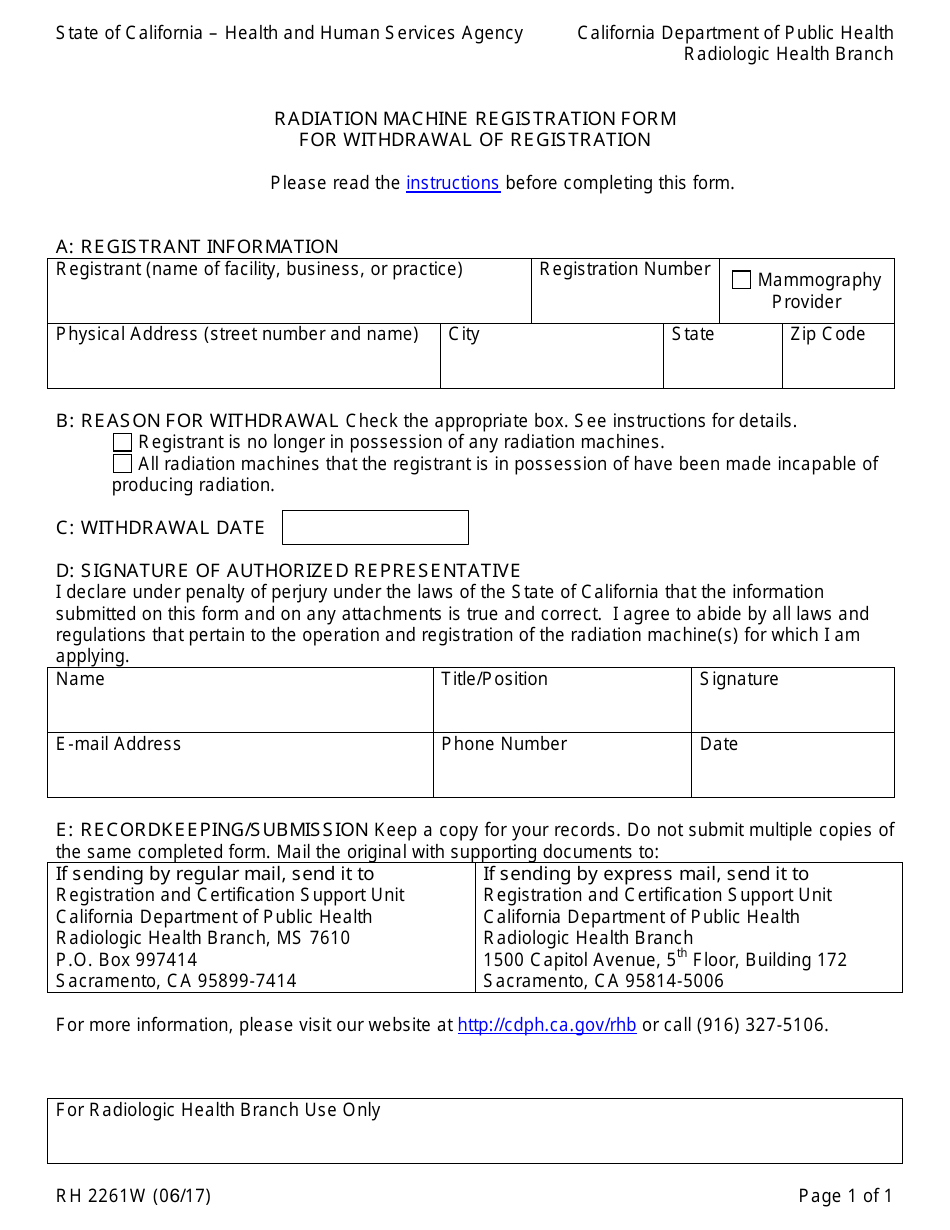 Form RH2261W Radiation Machine Registration Form for Withdrawal of Registration - California, Page 1